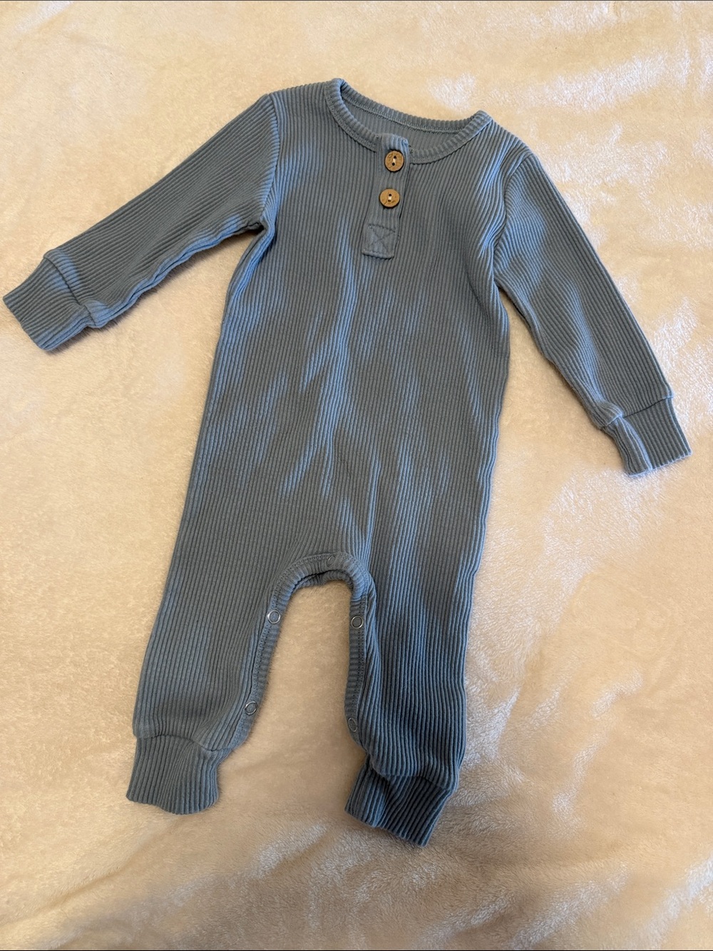 Long-Sleeve Ribbed Baby One-Piece in Dusty Blue